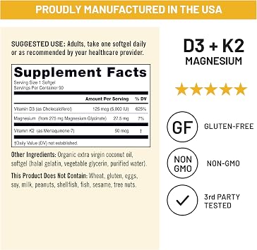 NatureWise Vitamin D3 K2 Magnesium Glycinate 275mg - Extra Strength Vitamin D3 5000IU + K2 50mcg - High Absorption Chelated Magnesium - Bone Support - Non-GMO, USA Manufactured - [90 Day Supply]