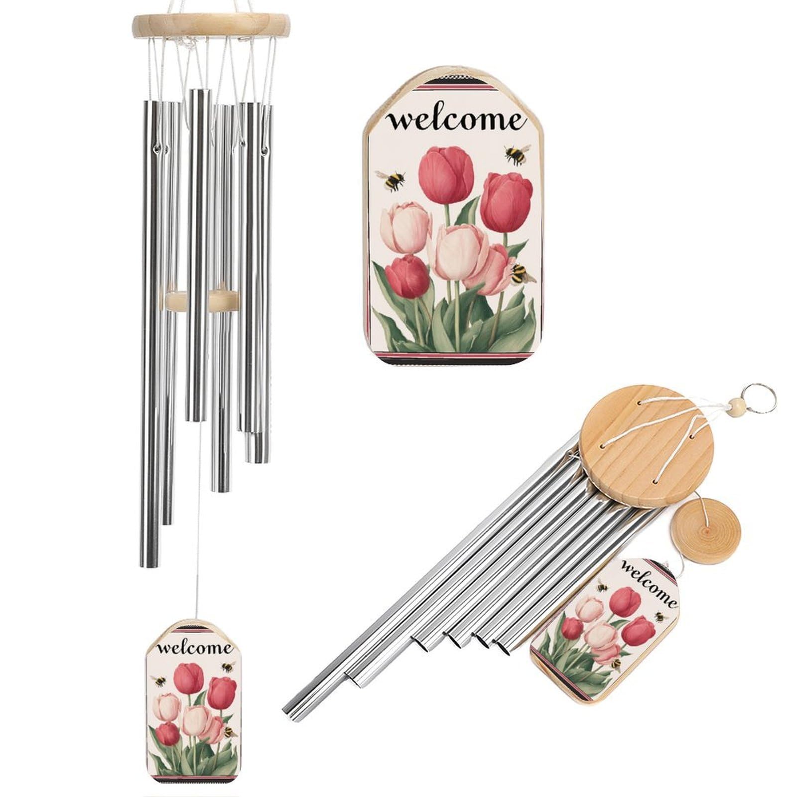 Cluster of Red Pink Tulips And Bee Wind Chimes Memorial Deep Tone Windchime with 6 Aluminum Tubes Outdoor Backyard Garden Decoration