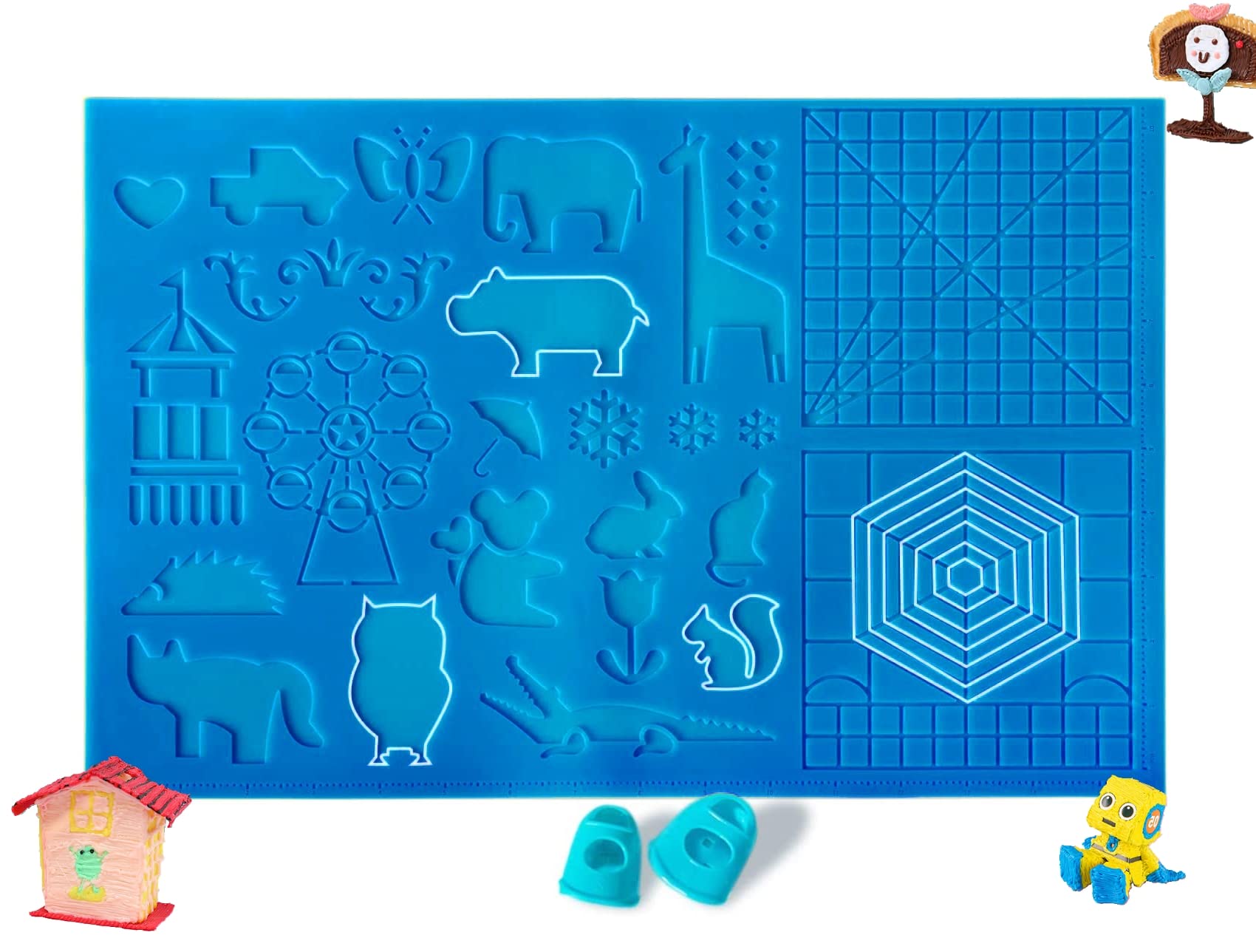 Tocnvoe Gran Alfombrilla Silicona para Dibujo 3D Azul 41.5x21.5x0.3cm, 2 Protectores dedos, Plantillas de Bolígrafo 3D para lápiz 3D impresión 3D, Múltiples Patrones para Niños y Principiantes