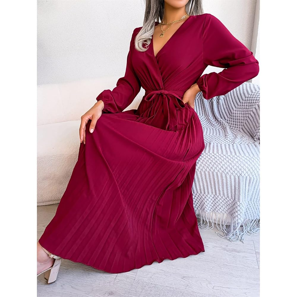 アメリヴィンテージ　FRONT PLEATS LONG DRESS Lady Long Dresses Long Sleeve V-neck Floral Pleated Swing
