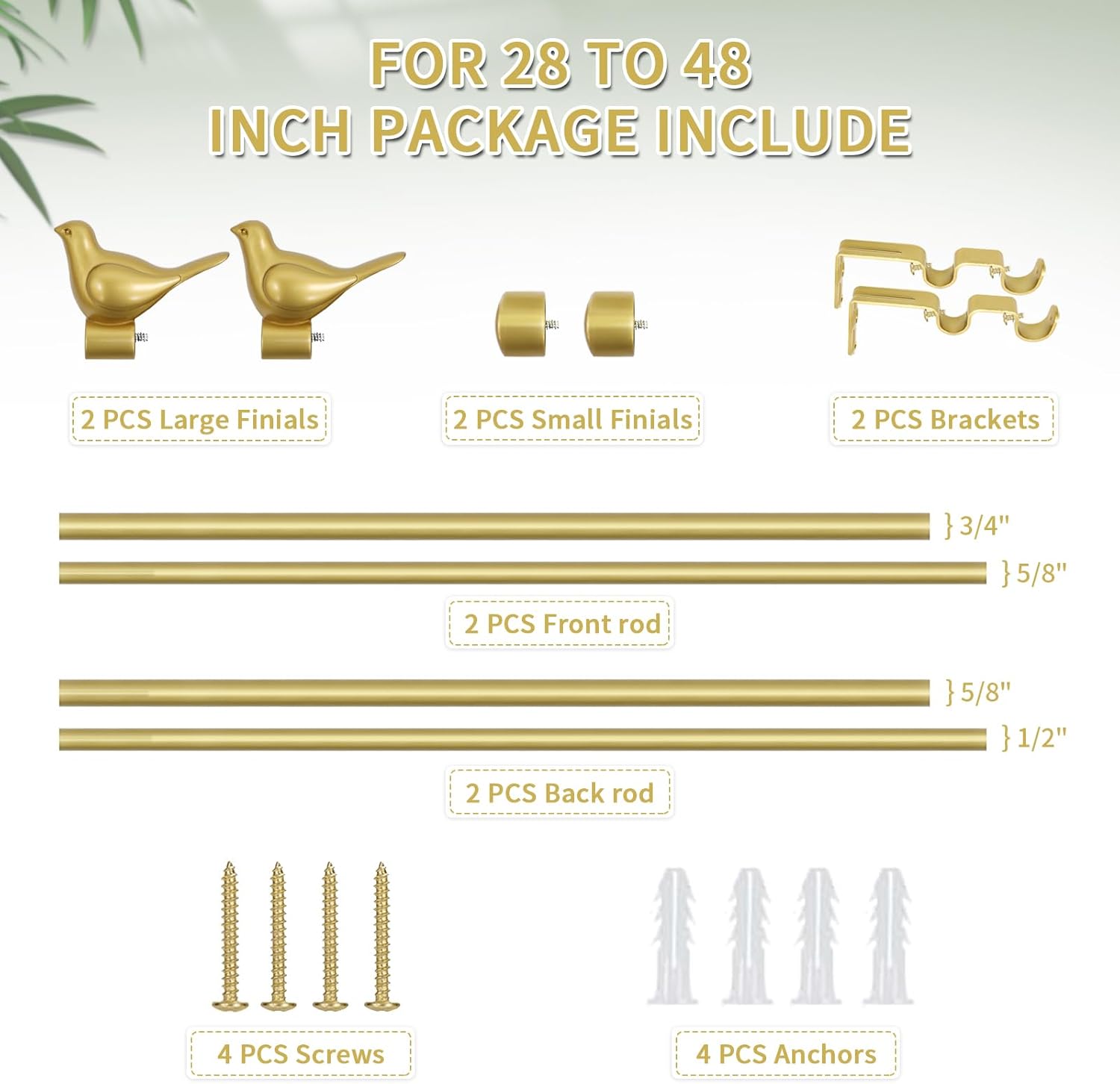 MERIVILLE 3/4" Diameter Farmhouse Double Window Treatment Curtain Rod, Bird Finials (28"-48", Gold)