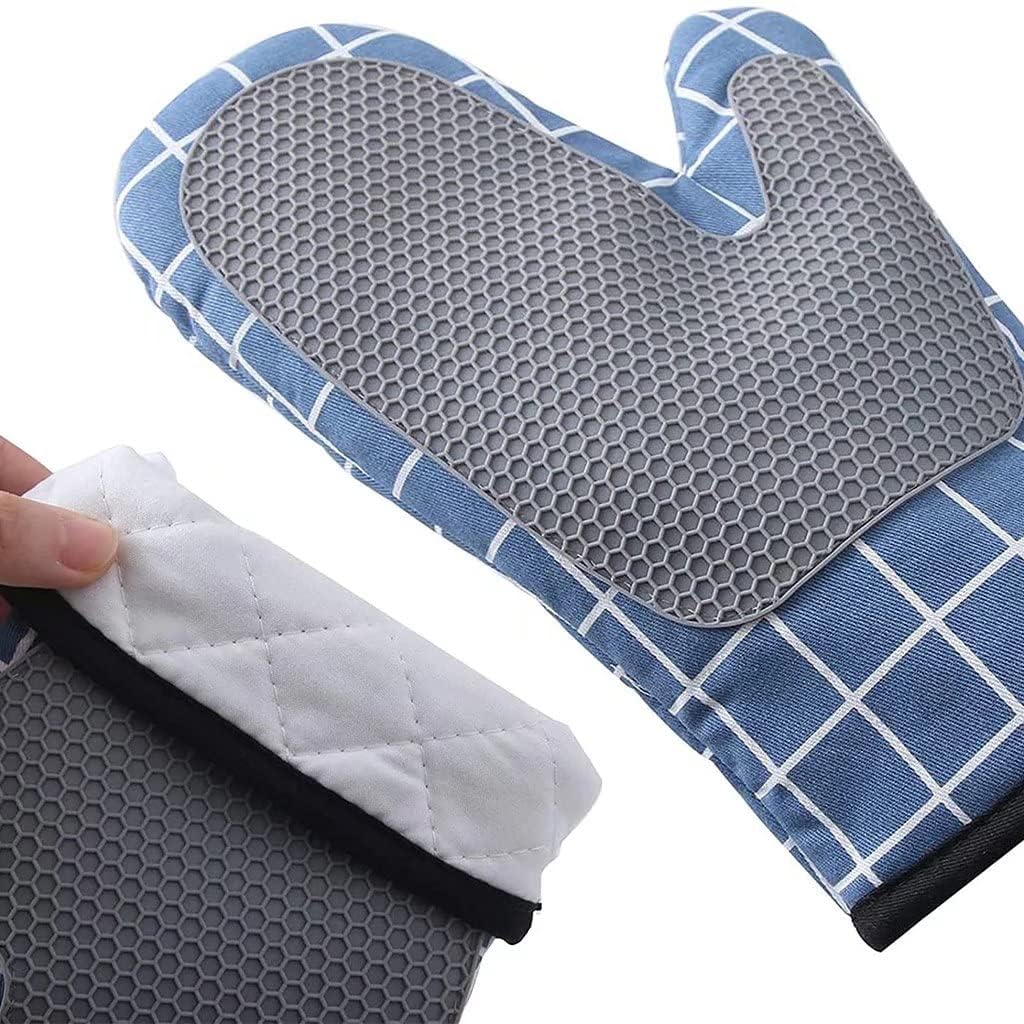Oven Gloves, Silicone Oven Gloves, Cotton Lining and Non-Slip Surface, Square Stitched Heat Resistant Gloves for Kitchen, Baking, Grilling（Blue）