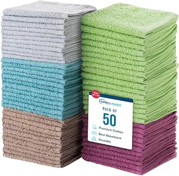 Simpli-Magic Cotton Wash Cloths 12"x12" 50 Pack Highly Absorbent Soft Towels for Bathroom Commercial Terry Washcloth for Face, Hand, Bath, Kitchen, Gym & Hotel Multicolor