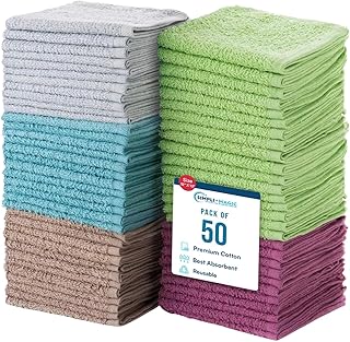 Simpli-Magic Cotton Wash Cloths 12"x12" (50 Pack) – Highly Absorbent Soft Towels for Bathroom – Commercial Terry Washcloth for Face, Hand, Bath, Kitchen, Gym & Hotel (Multicolor)