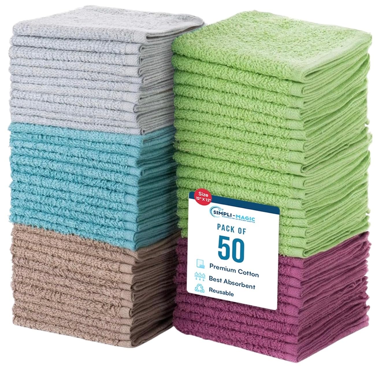 SIMPLI-Magic Cotton Wash Cloths 12x12 50 Pack Highly Absorbent Soft Towels for Bathroom Commercial Terry Washcloth for Face