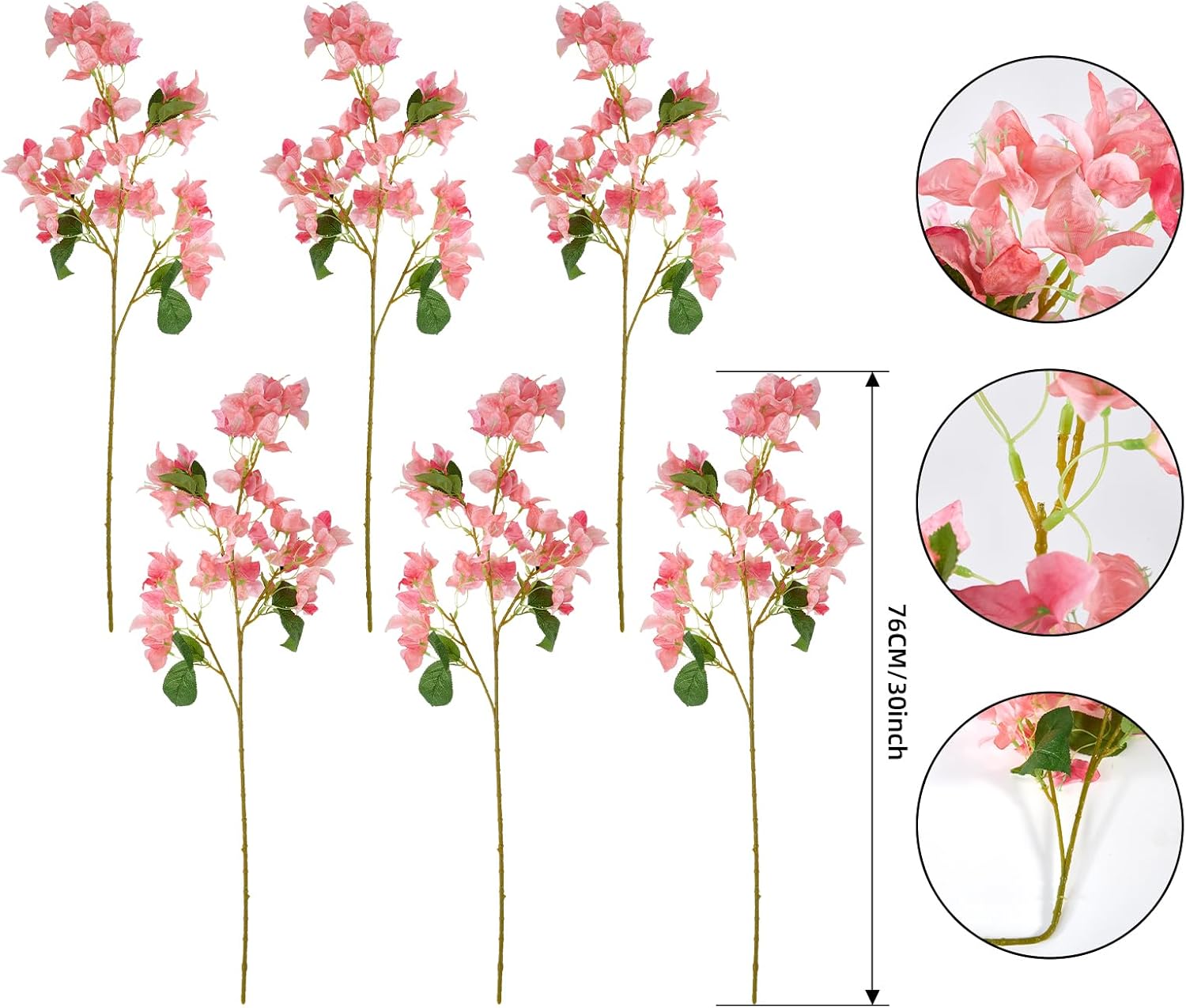 30 Inch Silk Bougainvillea Artificial Flowers, UV Resistant, Pack of 6 pcs, 18 branch, Faux Flower Stems, Fake Bougainvillea Vines, Using for Wedding & Porch & Home & party & Garden Decor (Pink)