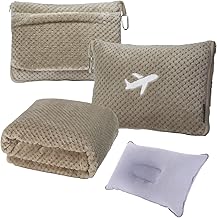 3 in 1 Travel Blanket Pillow Set - 350 GSM Thick Travel Blanket Airplane Compact with Bag, Soft Bag with a Pocket, Inflatable Travel Pillow for Camping & Car Trip (Light Coffee)