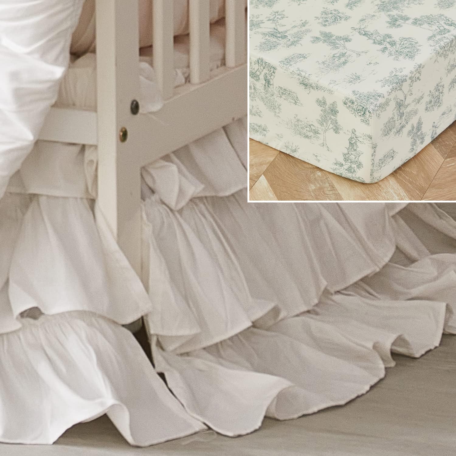 Brandream Crib Sheet & Crib Bed Skirt Triple Layer Toile French Country Chic 100% Cotton Baby Nursery Bedding Set