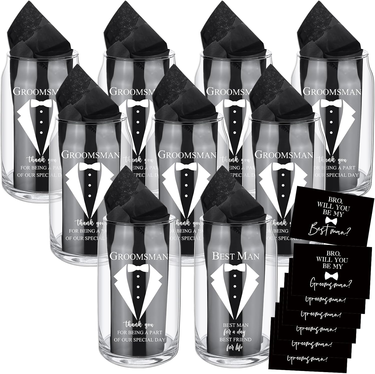 Nuanchu Set of 7 Groomsman Proposal Gifts Best Man Gift Beer Glass Set with Tuxedo Glasses Will You Be My Groomsman Cards Tissue Paper for Bachelor Party(17 oz,Beer Mugs)