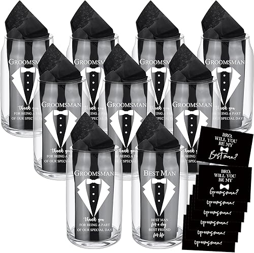 Nuanchu Juego de 7 regalos de propuesta de padrino de boda, regalo para padrinos de boda, juego de vasos de cerveza con gafas de esmoquin para