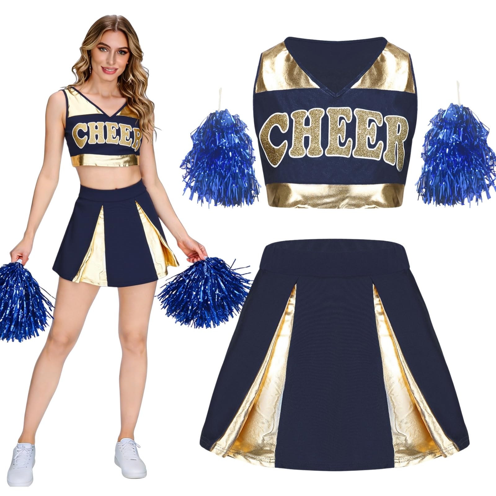maxToonrain Women Cheerleader Costume with Shiny Gold Accents 3 PCS Adults Cheerleader Outfit with Pom Poms, Top, Skirt for 2026 High School Musical Events Halloween (Dark Blue,XL)