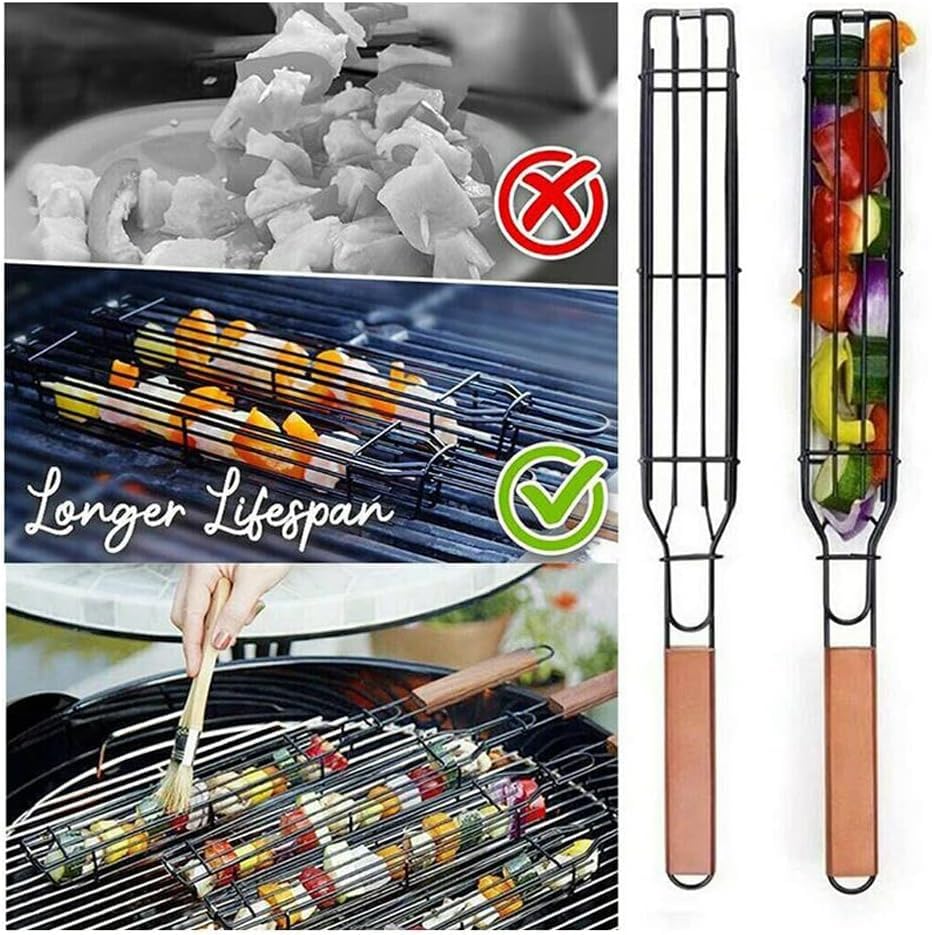 Image of Permafrost BBQ Grill Basket for Home (Pack of 1) Foldable Non-Stick Barbecue Grill with Wooden Handle Powder Coated Stainless Steel Mesh Tandoori Chicken & Vegetable Griller Portable Outdoor Barbeque Tool for Travel Camping & Cooking