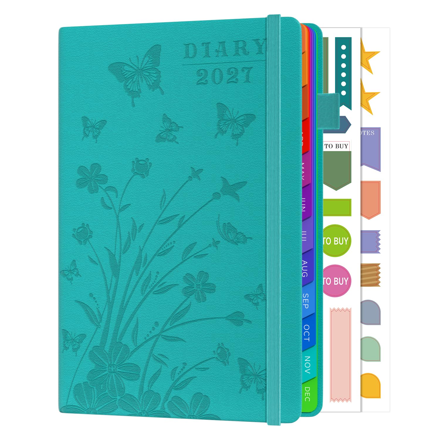 2027 Diary A5 Week to View, January - December 2027, 12-Month Diary with Colorful Monthly Tabs, Weekly & Monthly Planner, Elastic Band Closure, Pen Loop, Pocket, Ideal for School & Work - 8.5" x 5.8"