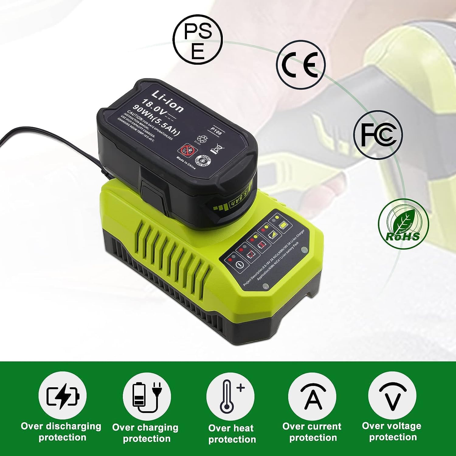 2X RB18L50 18V 5.5Ah Batería de Repuesto para Ryobi + 1 Pieza 9.6V-18V 3A para Ryobi Cargadores