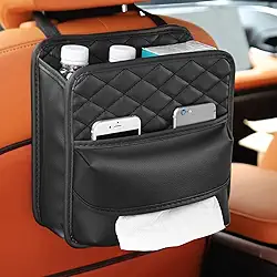 Organizador traseiro de couro de luxo com porta-copos e porta-lenços | Bolsos expansíveis, ajuste universal para SUV, caminhão, sedã (preto, pequeno)