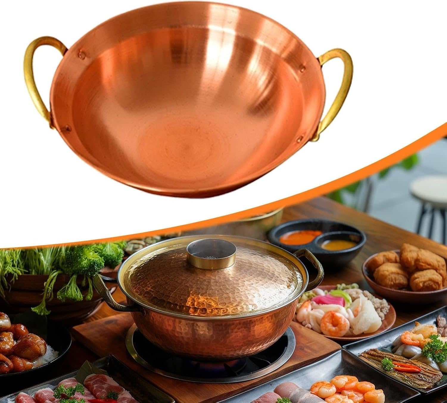 Casserole Wok en Cuivre Marmite Hotpot Loyale Easy Clean pour Camping Maison Famille Cuisson, 28cm, 28cm