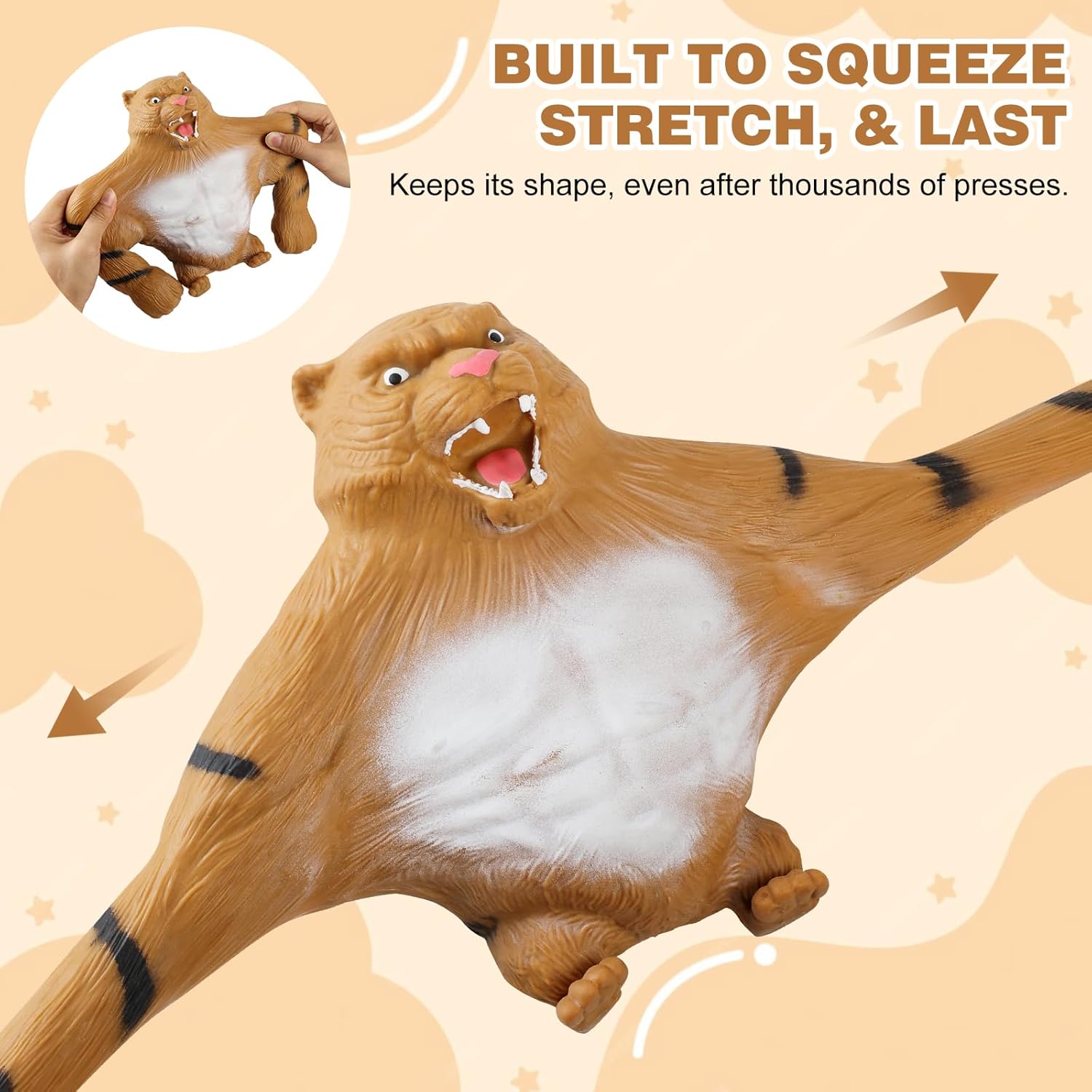 Squishy Tiger Toy – Giant Stretchy Stress Relief for Kids & Adults, 9" Big Tiger Squishies Filled with Quartz Sand, Soft TPR Squeeze Fidget Like Monkey & Gorilla Stretch, Funny Stress Ball Gift