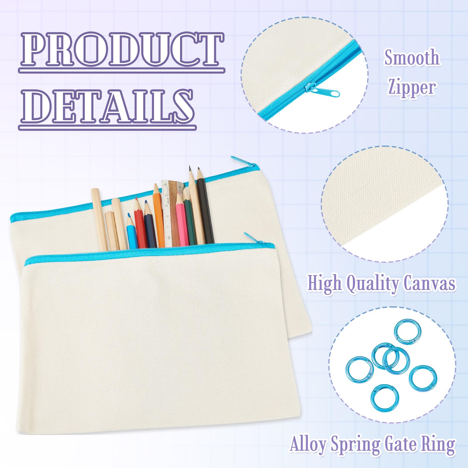 Bestewelry 6 pcs Canvas Travel Cosmetic Bags Blank Canvas Makeup Bags Blank Fabric Pencil Cases with Rings for Students School Storage Women Travel Makeup Organizer, Light Sky Blue - Image 4