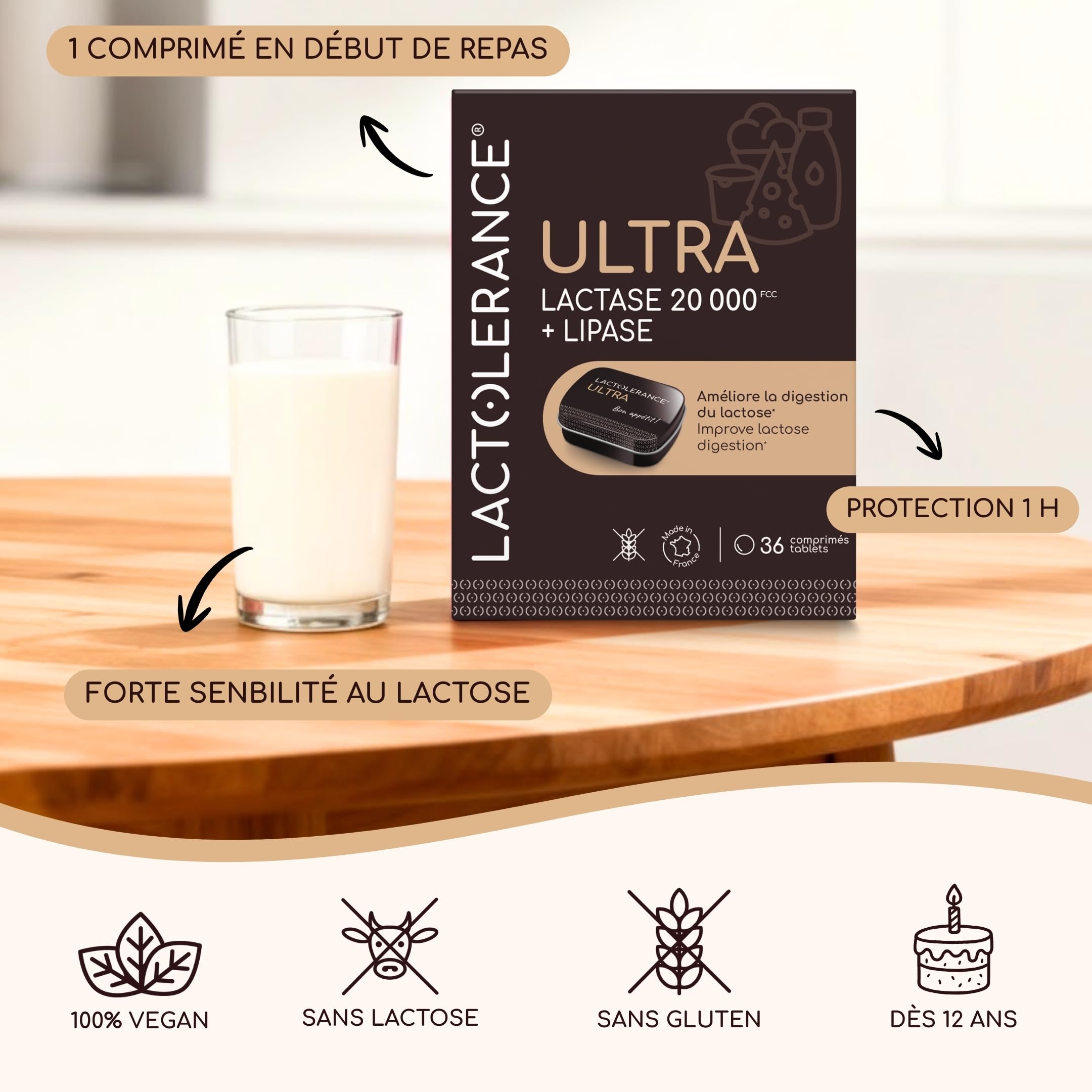 LACTOLERANCE ULTRA Lactase 20 000 FCC, Lipase 500 UI, Pilulier 36 Comprimés | Double action lactose et graisses, effet immédiat, enzymes digestives, à mâcher ou à avaler, fabriqué en France