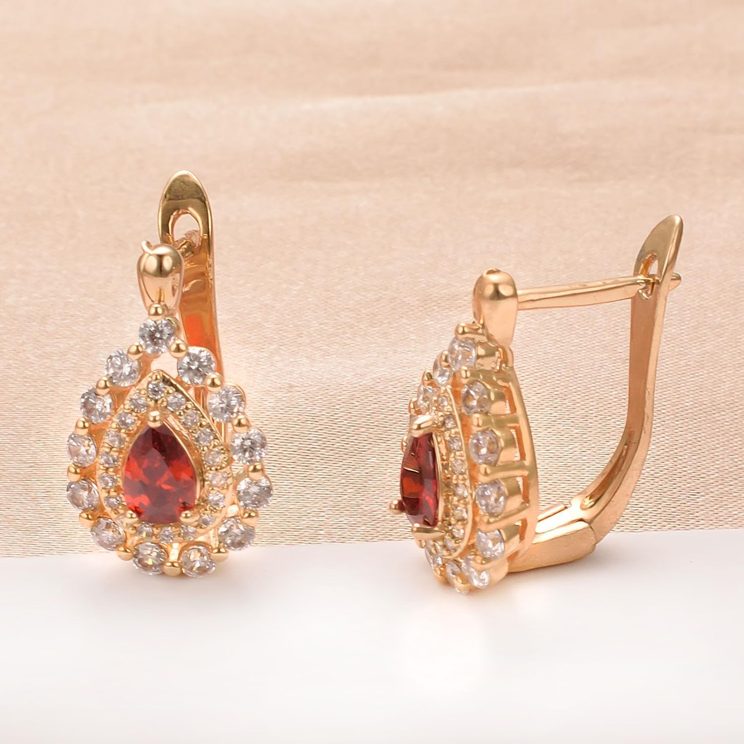 Red And Gold Drop Earrings for Women Dangle Cubic Zirconia 14K Gold Plated Hypoallergenic CZ Hoop Earrings - Image 3