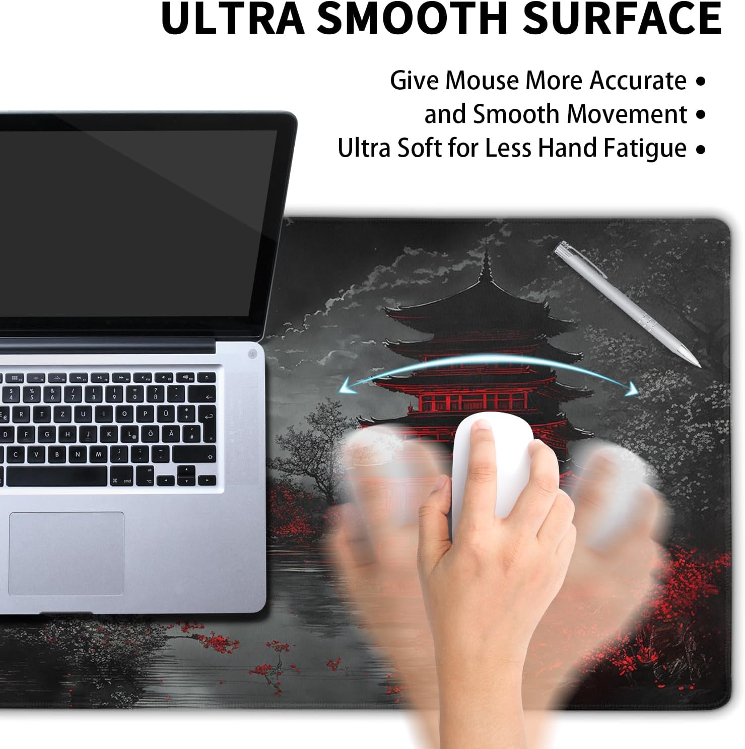 Japanese Mouse Pad XXL 35.4 X 15.7 Inch Black Red Design Style Extended Large Gaming Mousepad Keyboard Full Desk Mat Non-Slip Rubber Base Stitched Edges for Home Office - Image 5