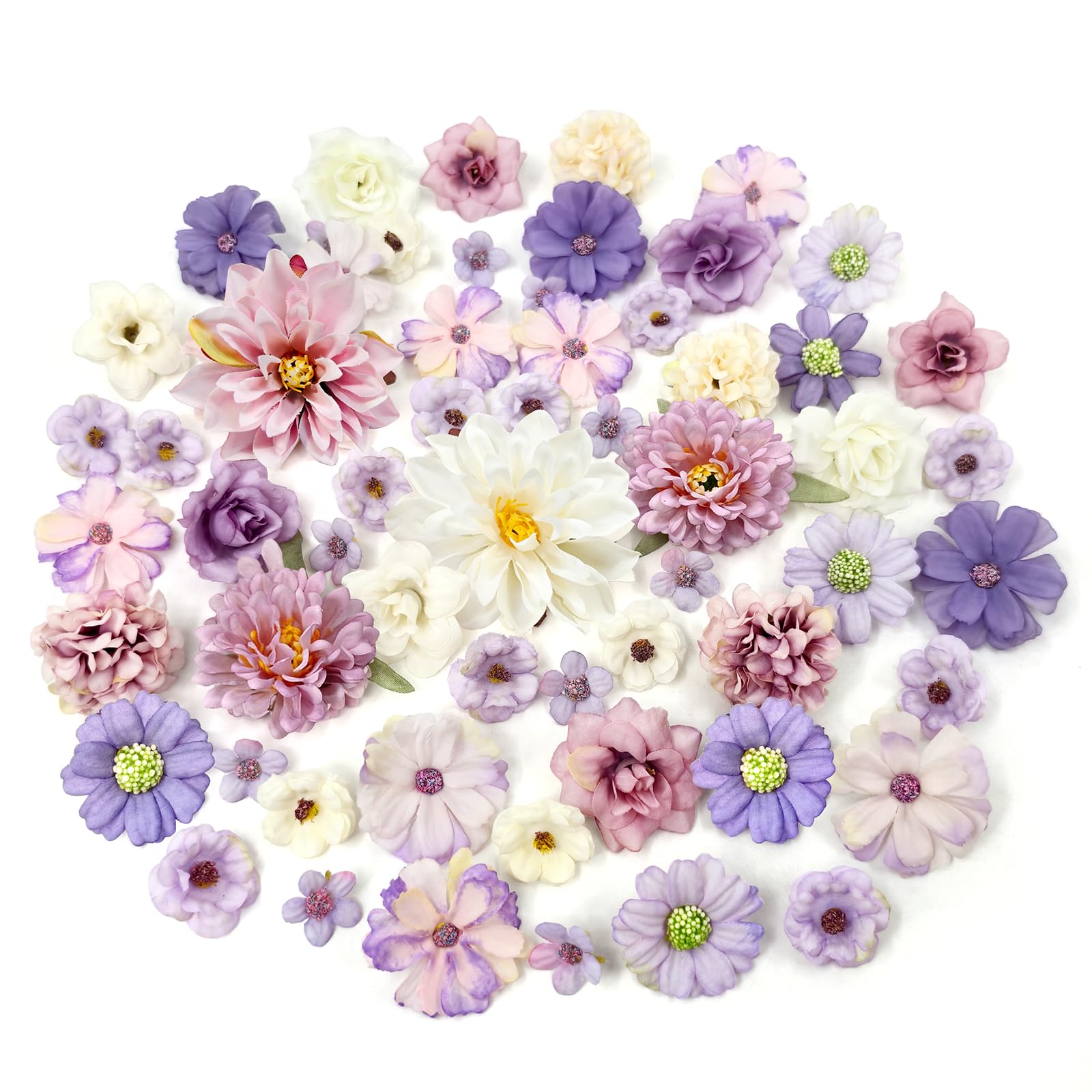 ROLLWAY 60 Stück Kunstblumen zum Basteln Lila Weiß, 17 Typen Klein Künstliche Blumen zum Basteln Blumenköpfe 2~8cm, Mini Kunstblumen Deko Blütenköpfe Fake Blumendeko für DIY Hochzeit Tortendeko