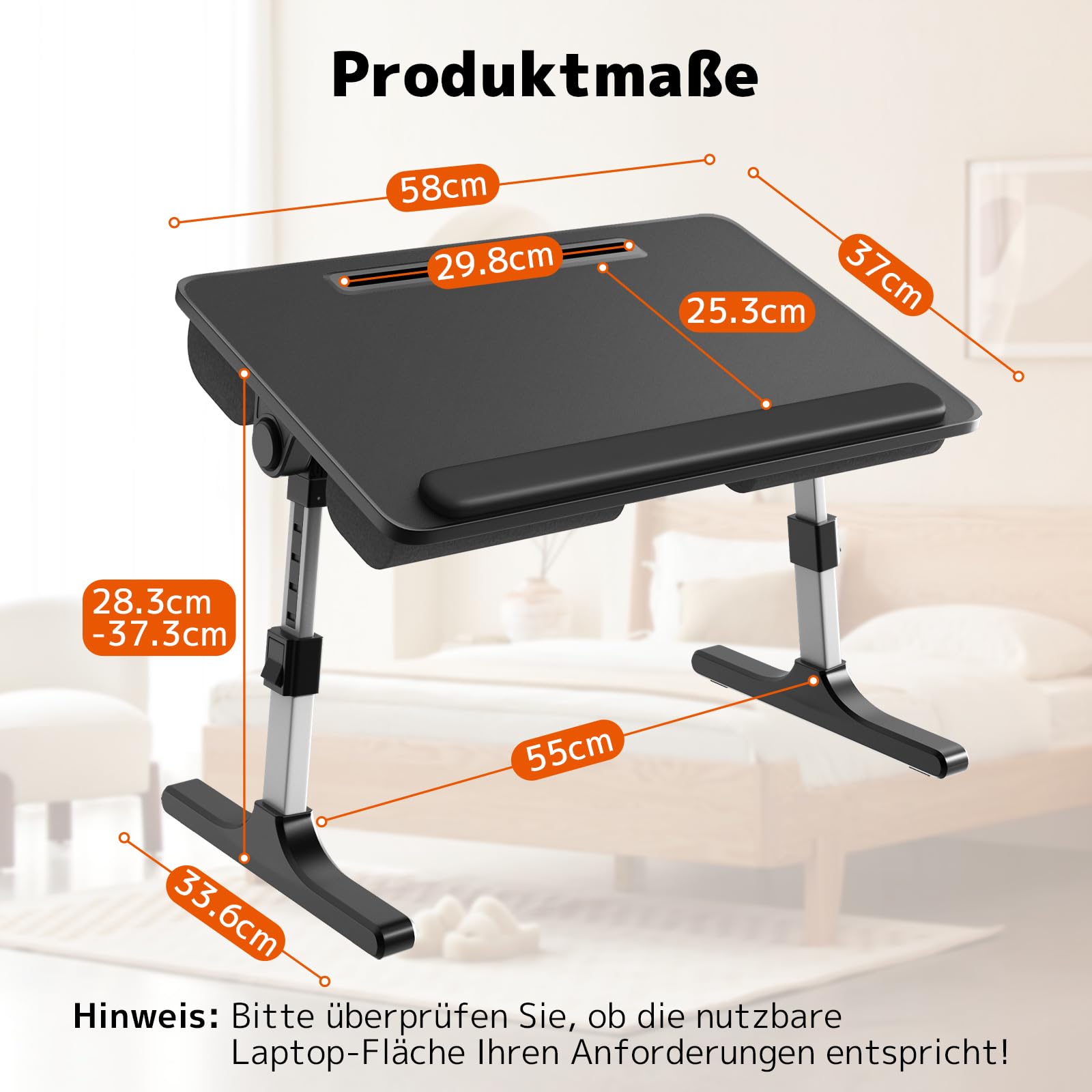 PUTORSEN Laptoptisch fürs Bett - Höhenverstellbar und Winkelverstellbar, 2-in-1 Laptopkissen Klappbar, Größere Laptop Tisch für Bett Sofa Couch Boden, 58 x 37cm Schwarz