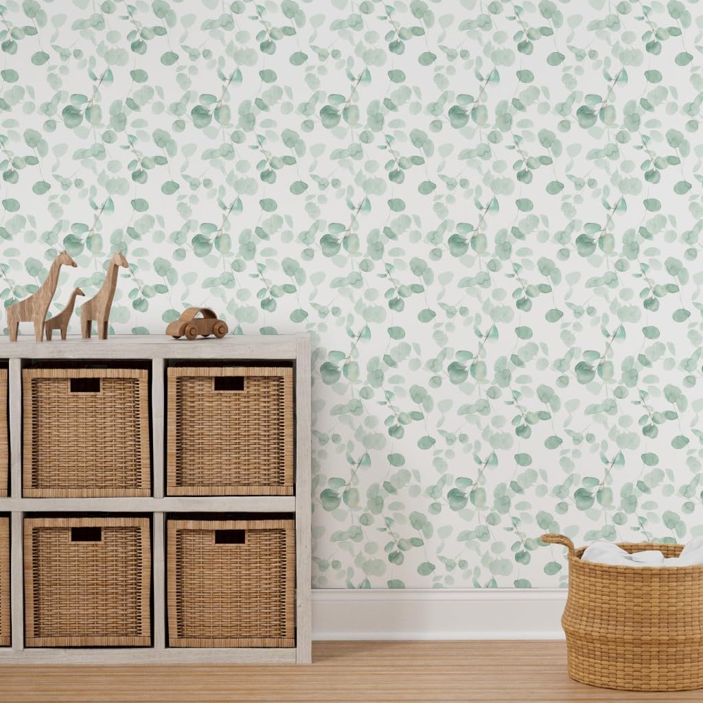 Spoonflower Removable Wallpaper 6ft x 2ft - Watercolor Eucalyptus Green Floral Nature Spring Home Decor Custom Pre-Pasted Wallpaper