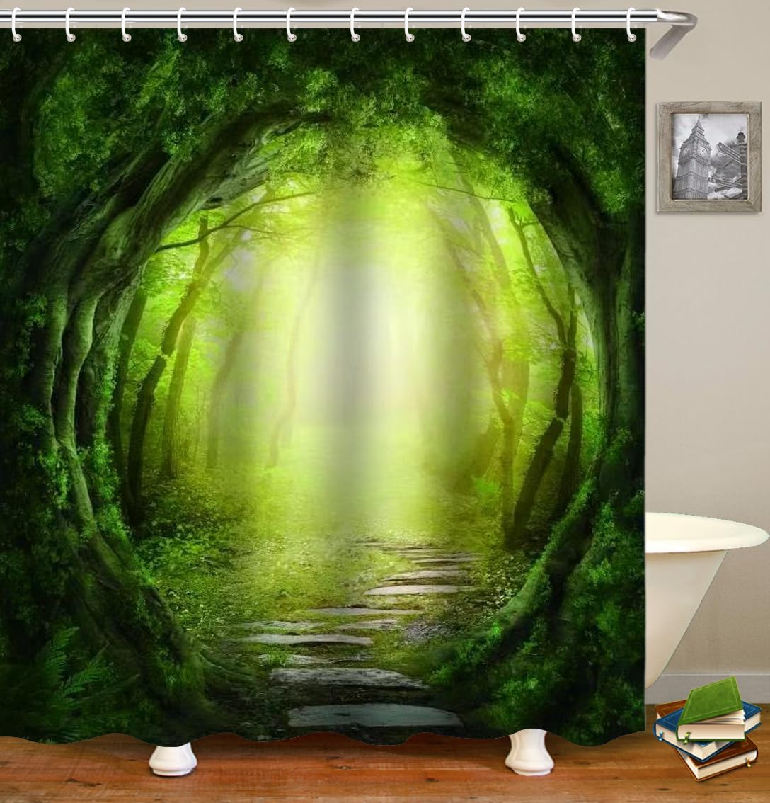 xinbai Green Forest Shower Curtain, Green Jungle Tall Trees Sunshine Shower Curtains