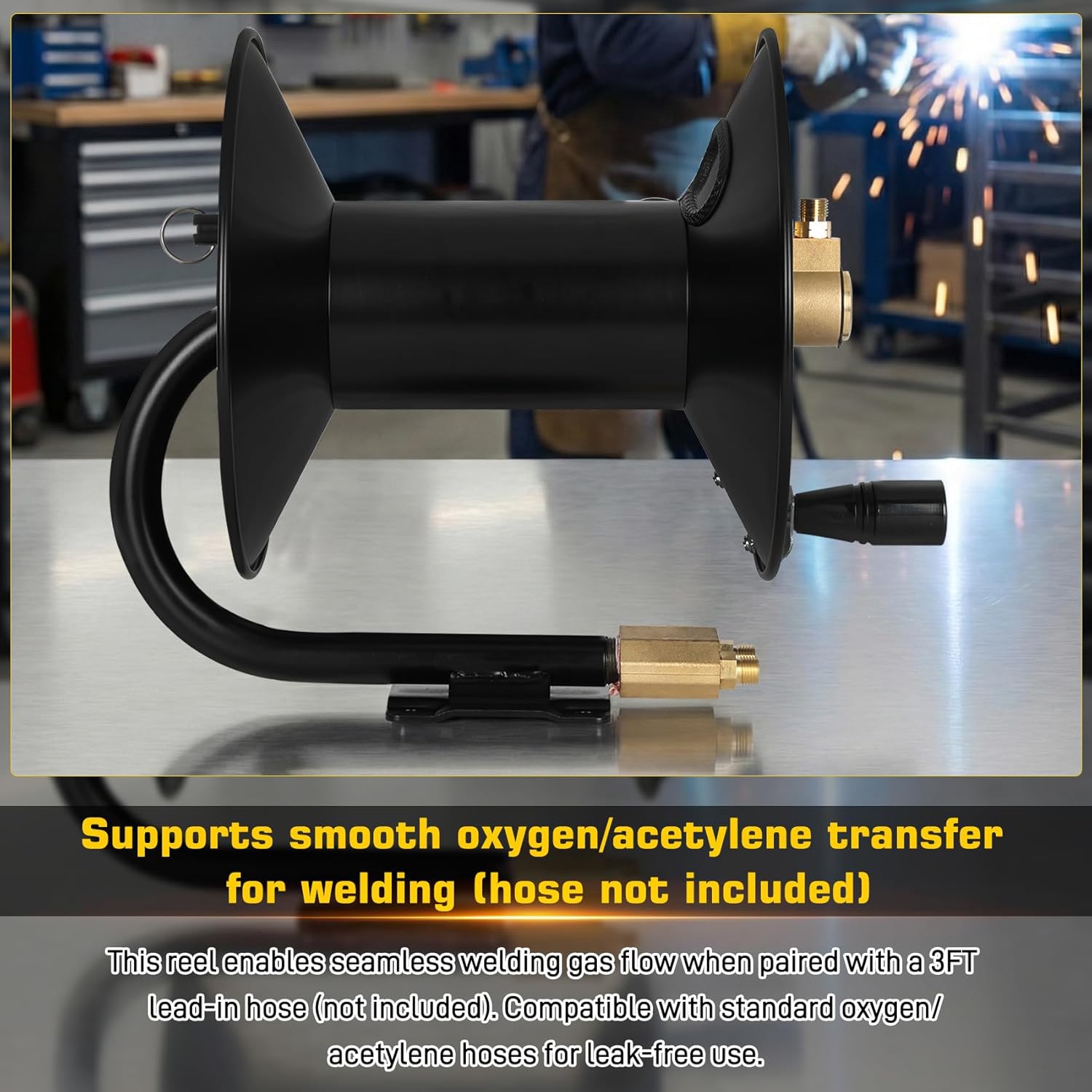 Manual Twin Welding Hose Reel, Heavy Duty Steel Hand Crank Retractable Reel for 1/4" ID 100ft Oxygen Acetylene Hose, 9/16"-18 B Fittings, Wall/Ceiling/Cart Mount for Shops (Hose & Lead-in Not Incl.)