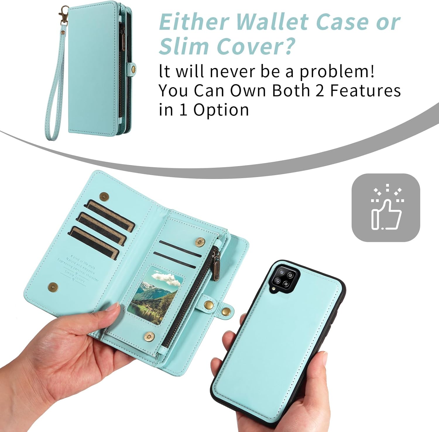 Asuwish Phone Case for Samsung Galaxy A42 5G Zipper Wallet Detachable Cover with Tempered Glass Screen Protector Crossbody Lanyard Strap Flip Card Holder Slot M42 A 42 G5 42A S42 4G 2021 Green