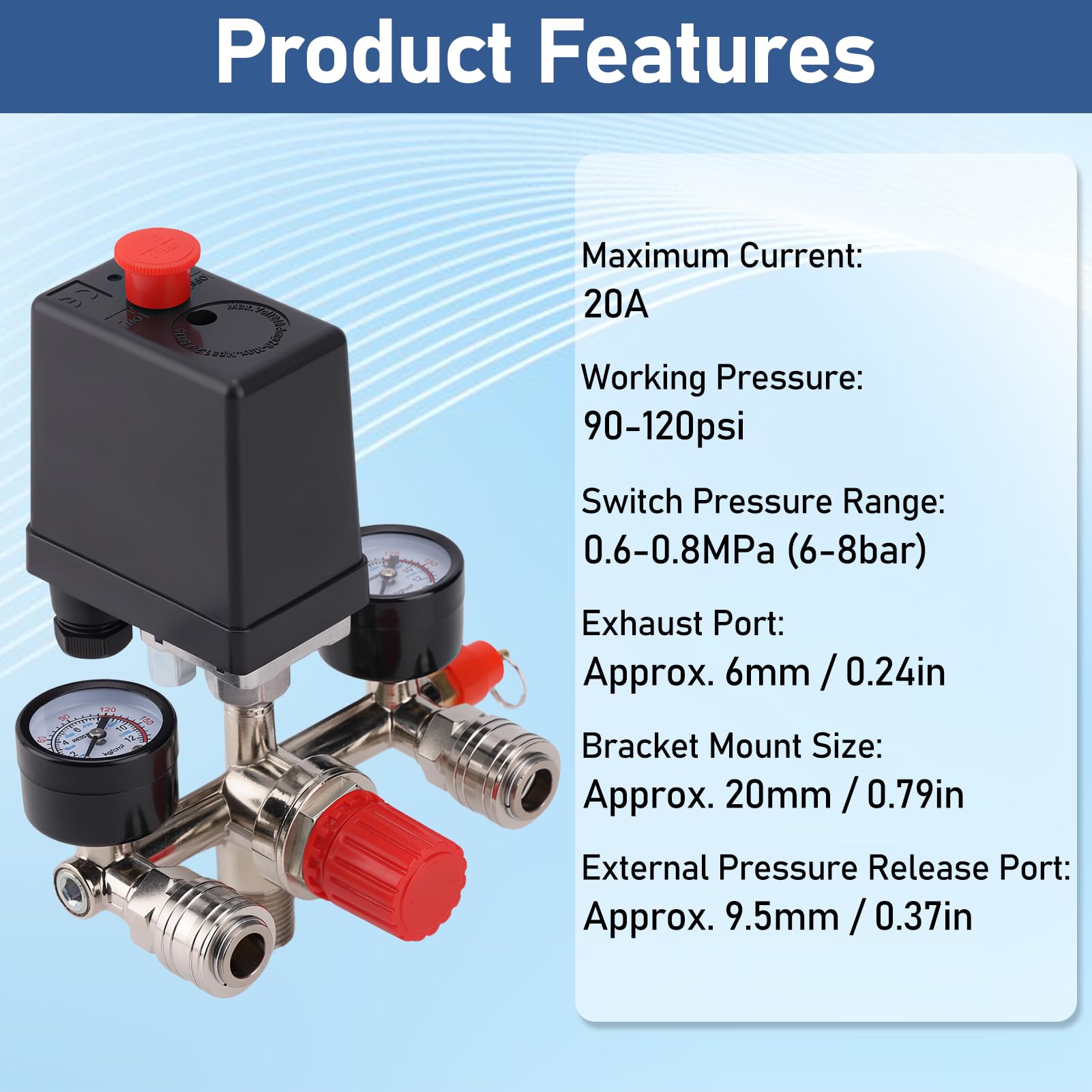 Presostato Compresor Aire,240V Interruptor Presión Válvula 90-120PSI 1/2''