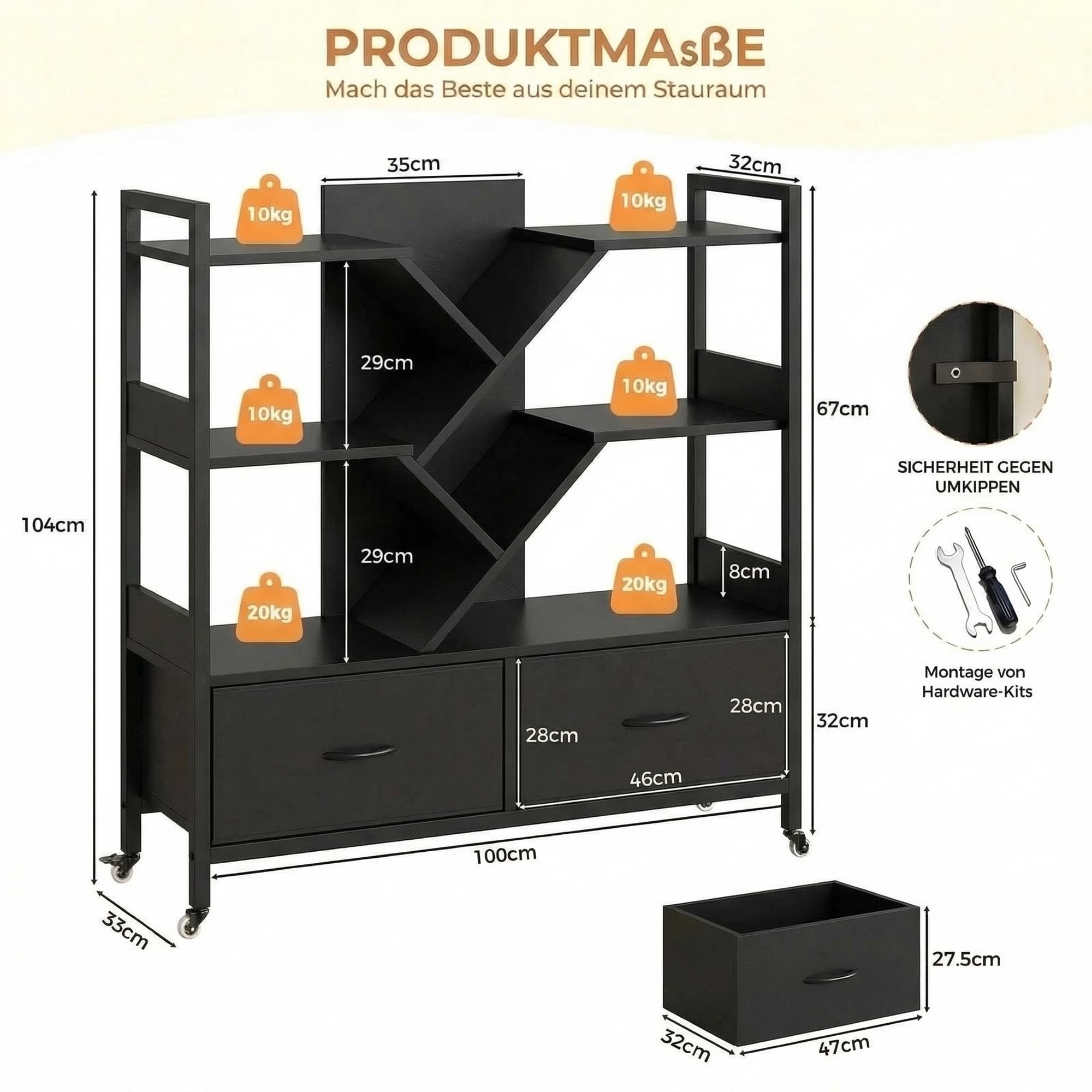 IRONCK Bücherregal mit 2 Schubladen, Baum Regal mit Rollen, Metallrahmen Standregal Würfelregal für Wohnzimmer Schlafzimmer Arbeitszimmer Büro 100x100x32cm (Schwarz)