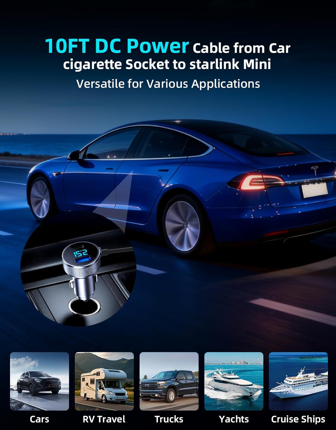 starlink mini car Adapter, 3 in 1 Starlink Mini Car Adapter DC Power Cable and Cigarette Lighter Adapter 12V-48V with Voltage Display, Durable USB-C PD 45W and USB-A 35W Ports，Suitable for Cars（10FT）