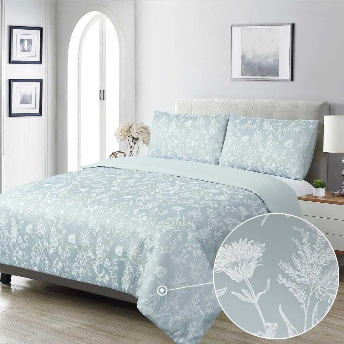 Floral Duvet Cover Duck Egg Blue Double Textured Flower Jacquard Blossom Cottage Country Green