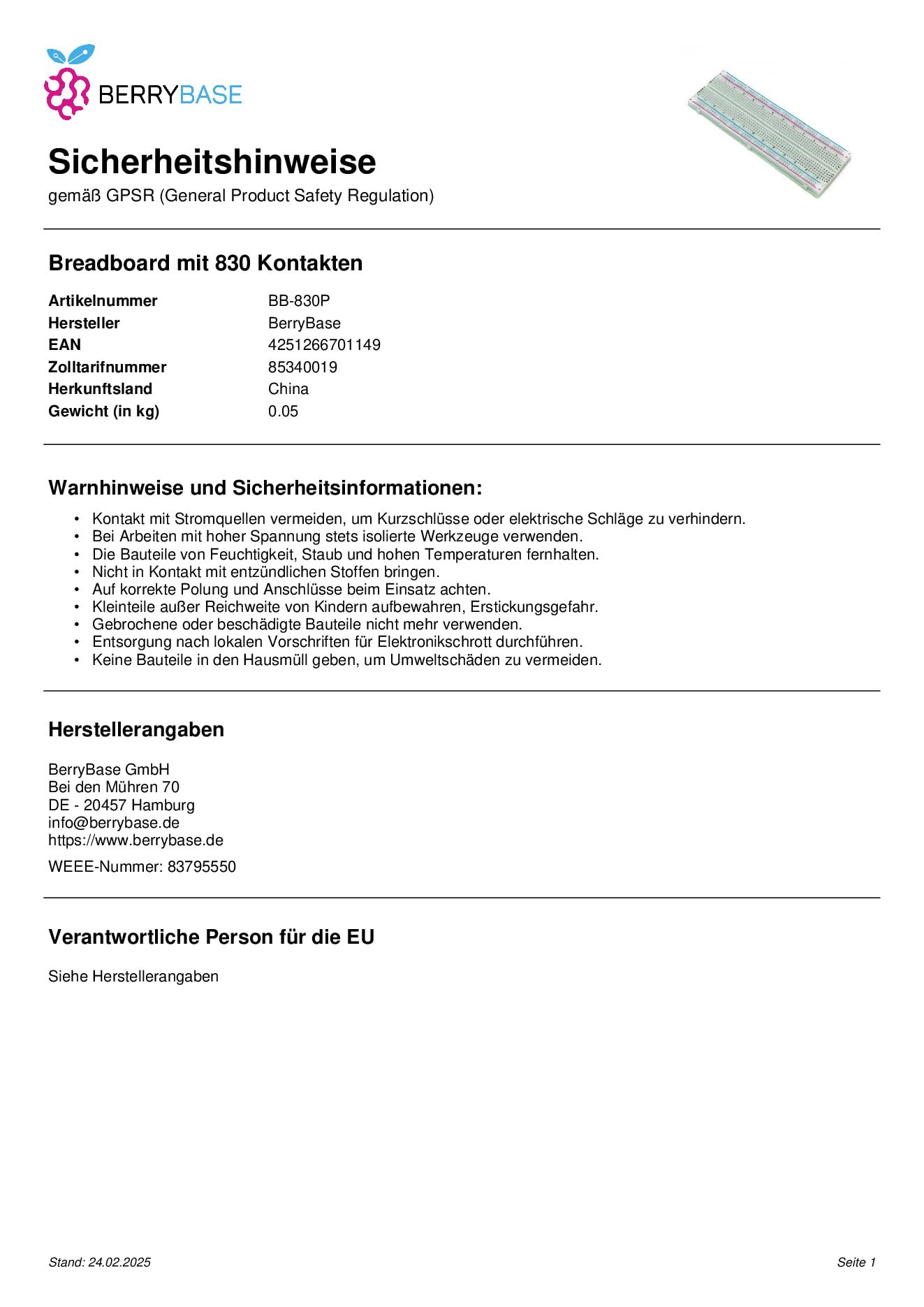 BerryBase Breadboard mit 830 Kontakten, 165 x 55mm Lochrasterplatine, für Raspberry Pi, Arduino, Mini PC und Elektronikprojekte