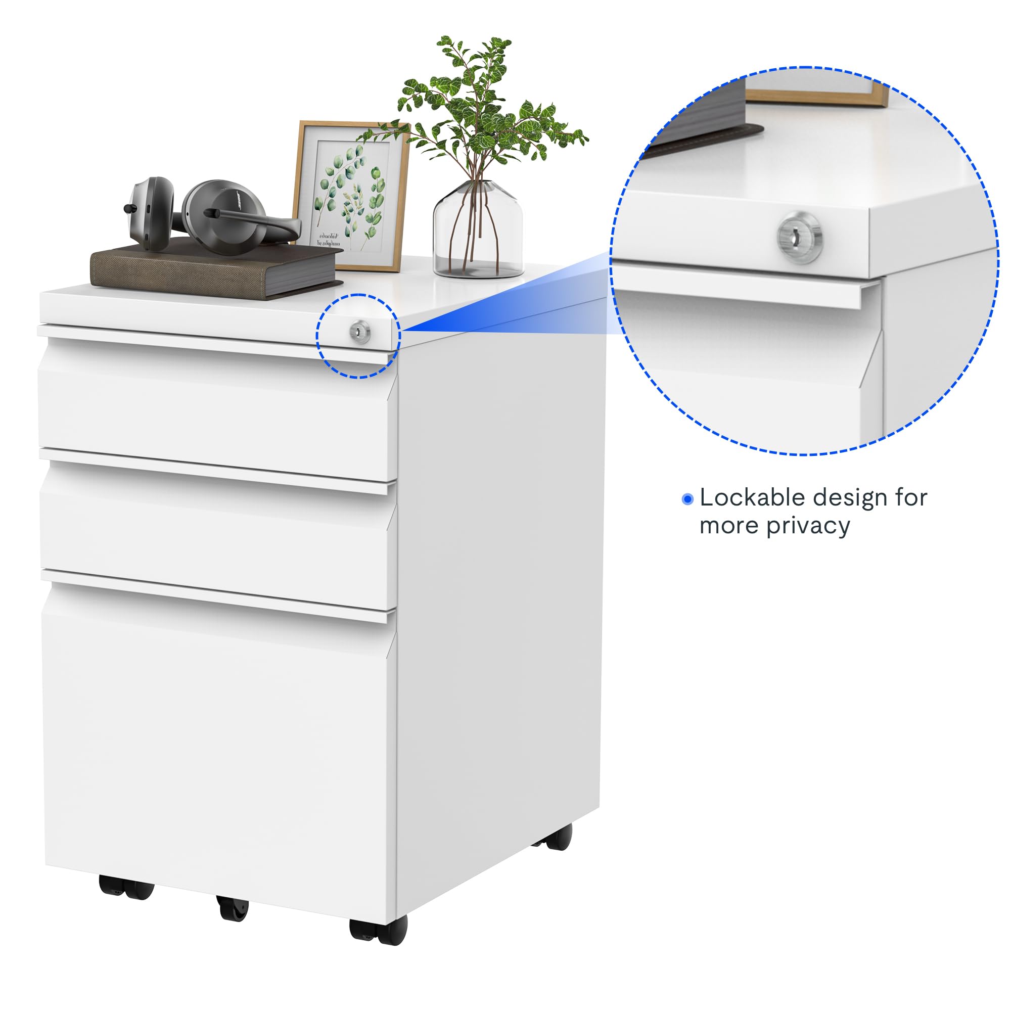 FLEXISPOT CB32 Contenedor con Ruedas, Mueble de Oficina, cómoda, Escritorio con Ruedas con 3 cajones para Oficina, salón y Dormitorio, con Cerradura con Llave, Blanco