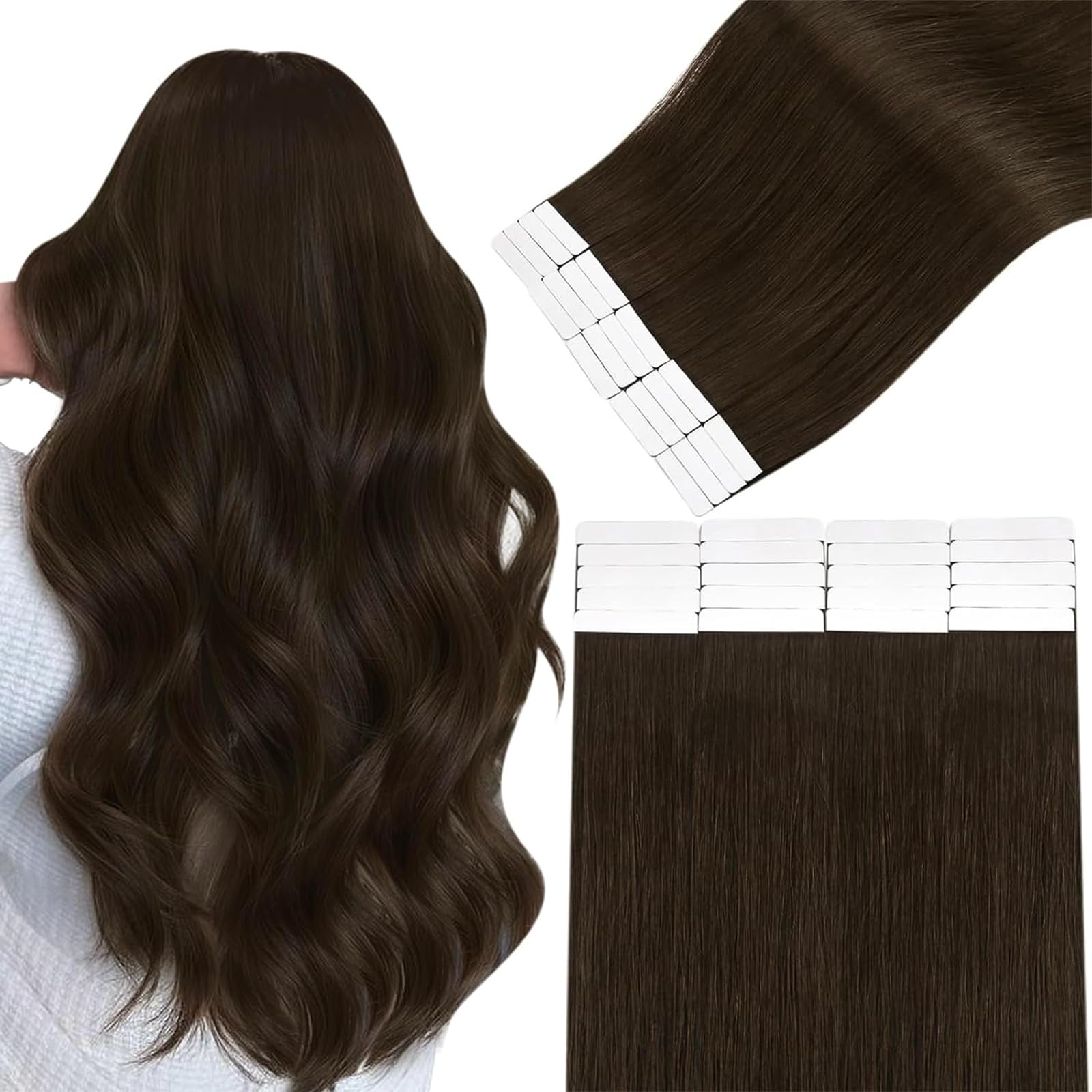 Easyouth 24 Inch Tape in Hair Extensions Human Hair Brown Tape ins Human Hair Extensions Dark Brown 20pcs Tape in Extension Human Hair Add Hair Length