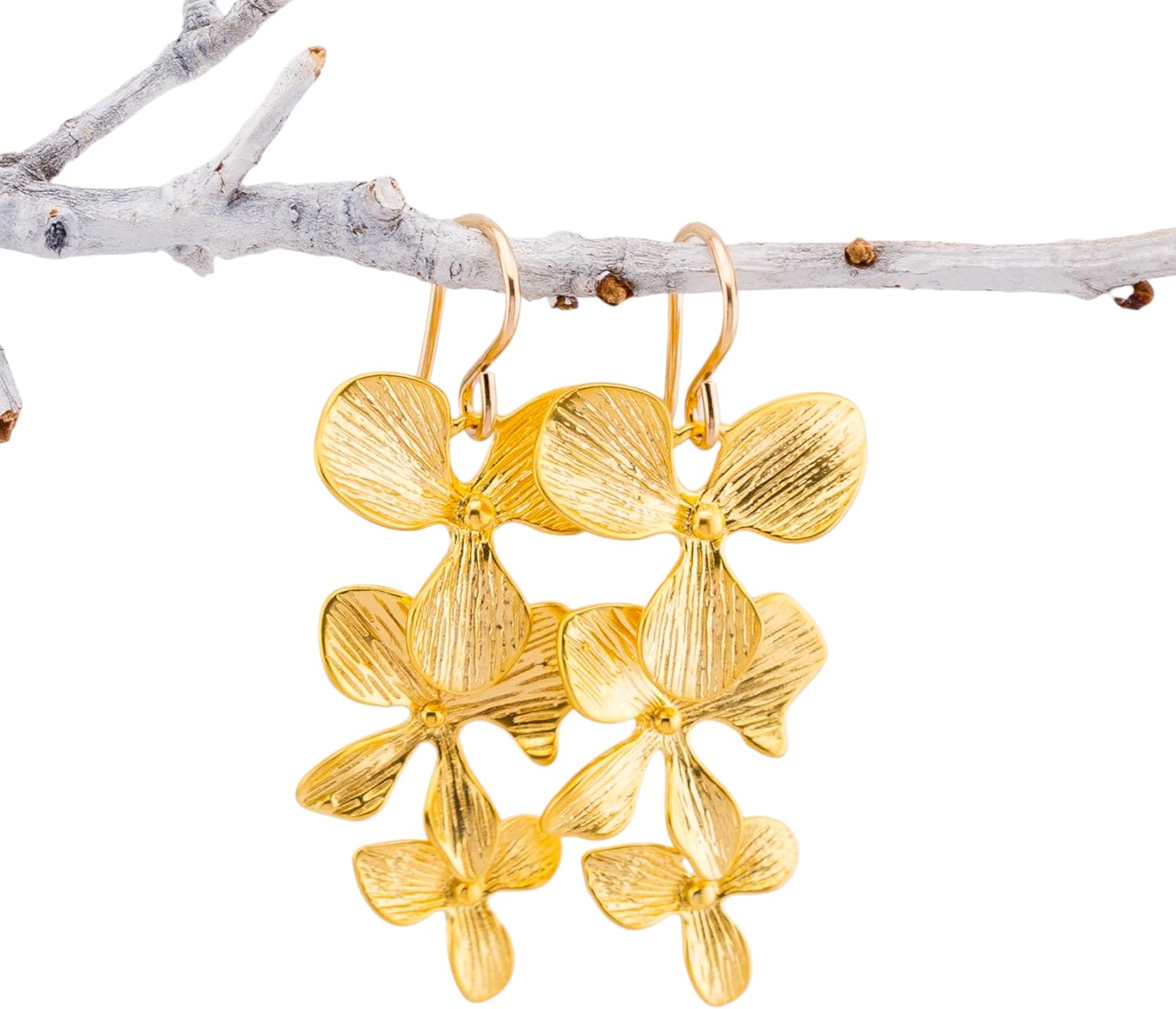 Gold Orchid Flower Earrings, Dangle Orchid Flower Jewelry, Wedding Jewelry, Birthday, Bridesmaid Gifts, Bridal Gift Favor (Gold)