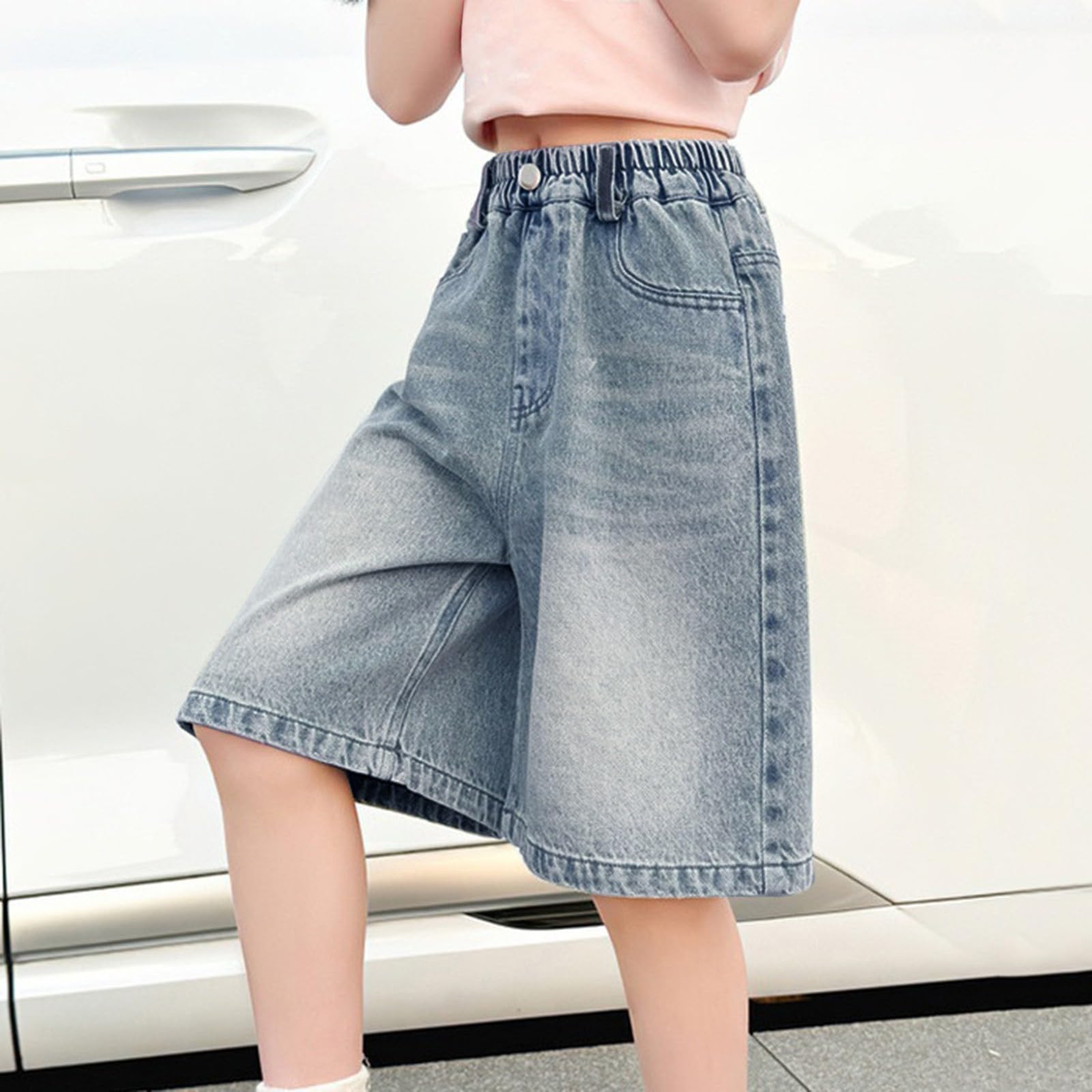 Short en jean élastique taille haute pour filles - Bermuda ample ample pour l'été tendance pour enfants