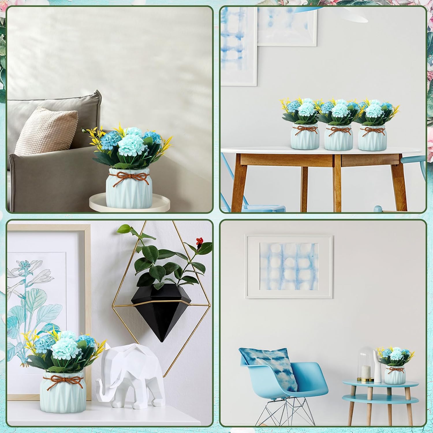 Riceshoot 4 Pcs Artificial Hydrangea Bouquet with Small Ceramic Vase Artificial Flower Plants Potted Flowers Bonsai for Dinning Table Office Desk Home Party Decor
