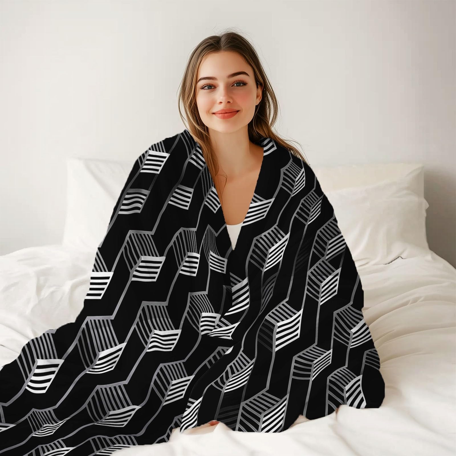 Manta de Franela Geometría Moderna para Mujeres y Hombres, Manta de Felpa de Franela Suave para sofá Cama, decoración de habitación Infantil 200 x 220 cm Negro