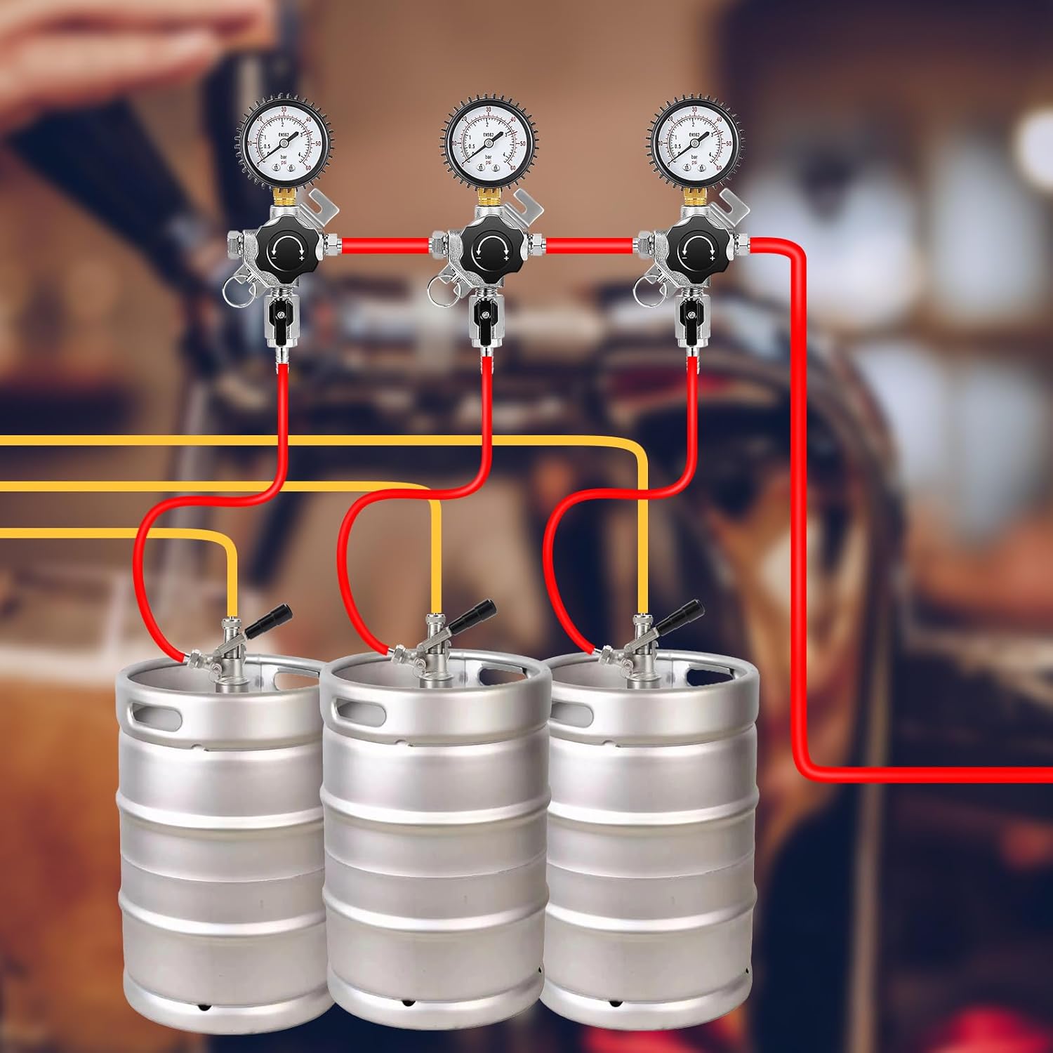 Beer Secondary CO2 Regulator, Single Gas Inlet Keg Regulator & 0-60PSI Gauges Two-Stage Co2 Regulator with Relief Valve & 5/16’’ Barbed Outlets for Homebrew System or Commercial Kegs