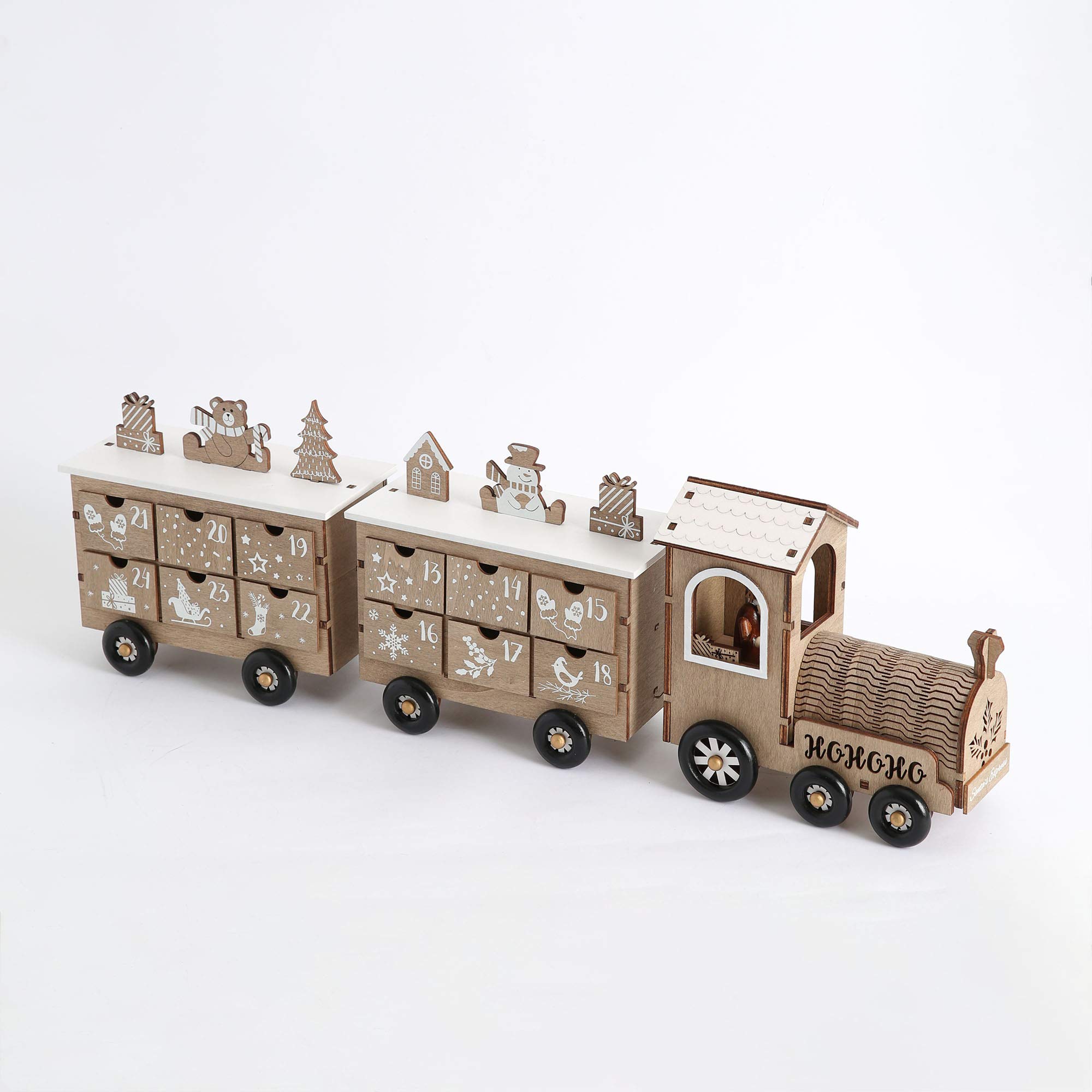 PE Weihnachts-Adventskalender aus Holz in Form eines Zuges mit 24 Schubladen für den Weihnachtscountdown als Tischdekoration (weiß und naturfarben)