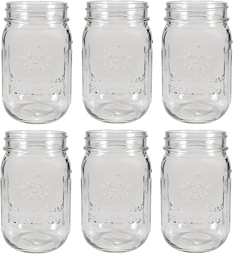 Sunshine Mason Co. Tamaño de la pinta (16 onzas, 16.0 fl oz), tarros de vidrio de boca regular, 6 piezas