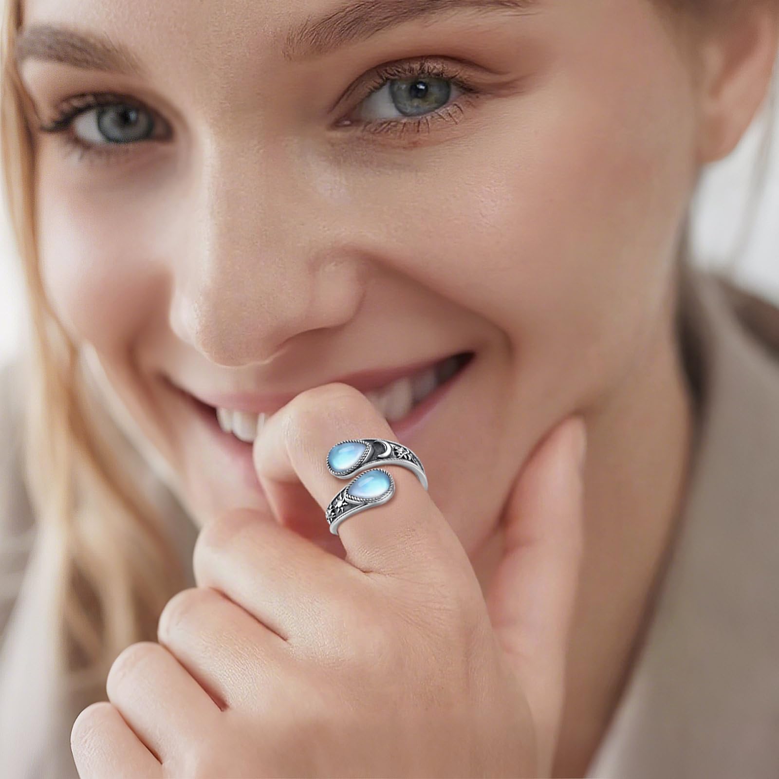Umarmung Ring für Damen Herren S925 Sterling Silber, Verstellbarer Versprechen/Sonnenblume/Lotus/Lebensbaum Ring mit Mondstein Türkis Offener Ringe Geschenks für Frauen Herren