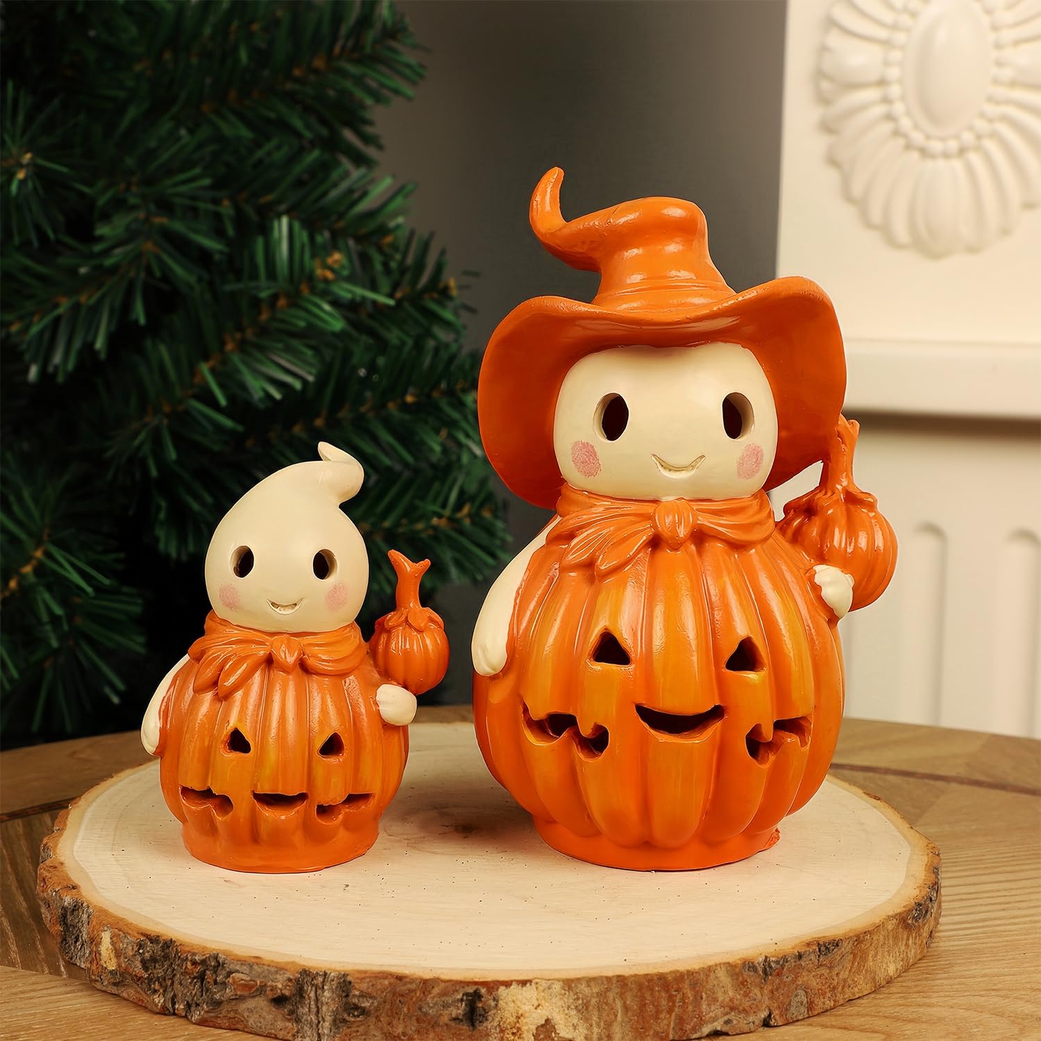 yosager2 Pack Halloween Jack O Lanterns Ghost Tabletop Decorations, Lighted Mini Resin Spooky Statues, Light Up Pumpkin Lantern Battery Powered, Vintage Fall Party Gift for Indoor Fireplace Kitchen