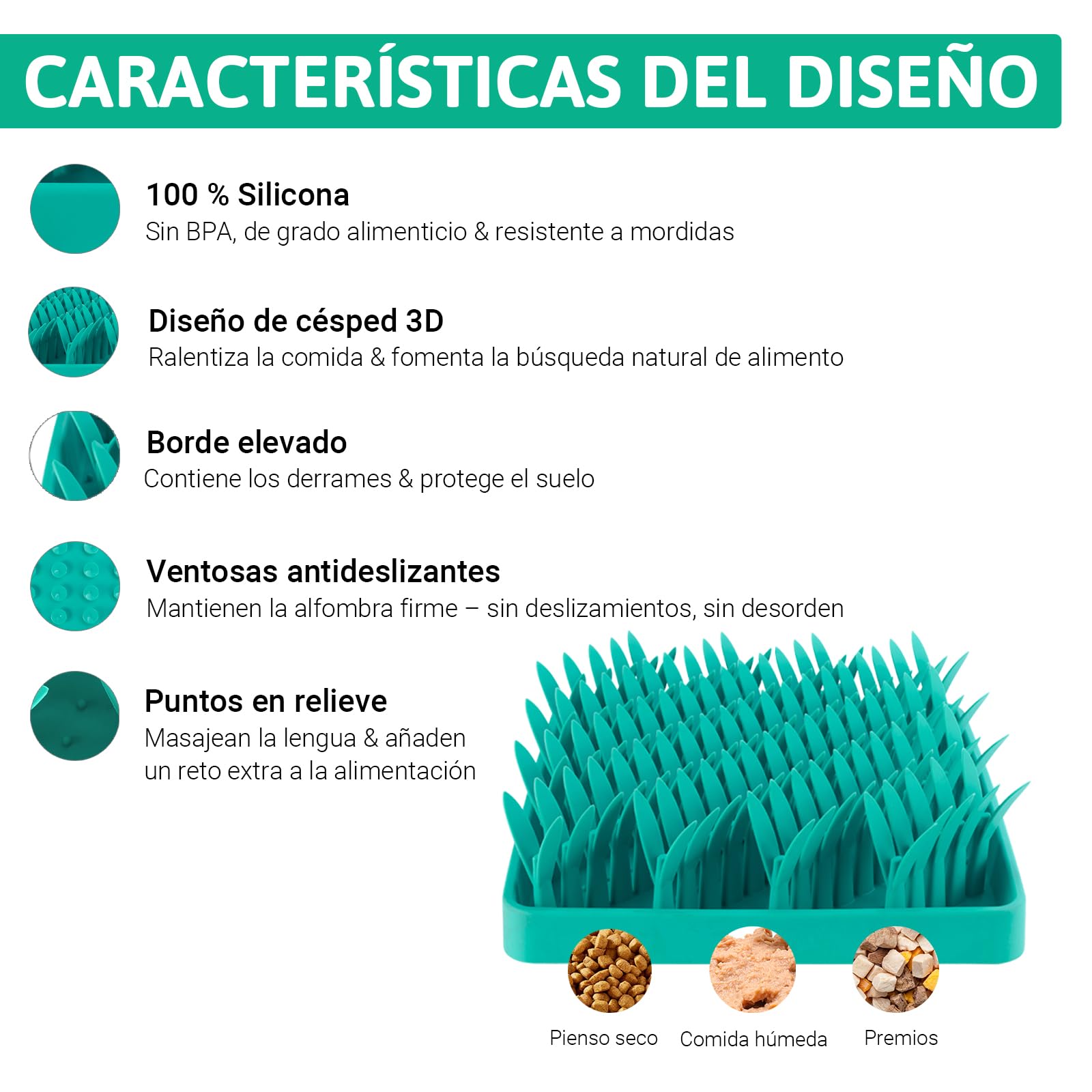 PEGGY11 Alfombrilla Lenta para Perros y Gatos 28×28cm, Esterilla de Alimentación de Silicona Estilo Césped 3D, Alfombra Olfativa Antideslizante con Ventosas, Fácil de Lavar para Mascotas