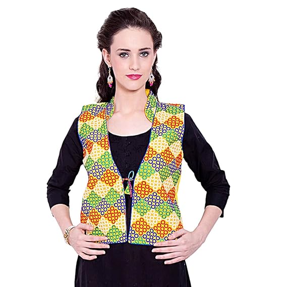 Women's Ethnic Multicolored Embroidery on Yellow Base Cotton Jacket/Waistcoat Options
