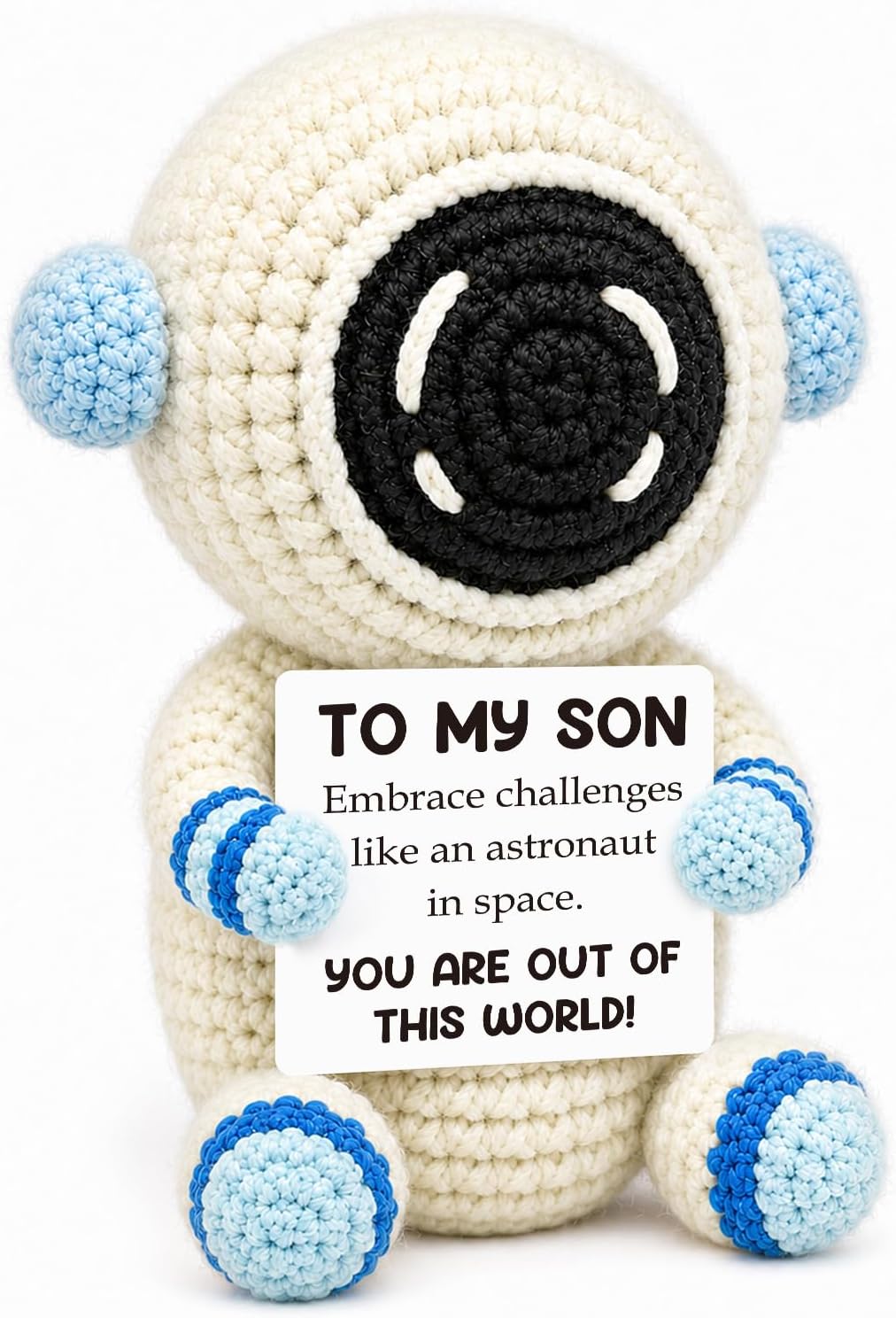 Inspirational Graduation Gifts for Son from Mom Dad, Handcrafted Crochet Astronaut Keepsake, Motivational Space Desk Decor, Back to School Birthday Present for Teen Boys Adult Men Room Accessories